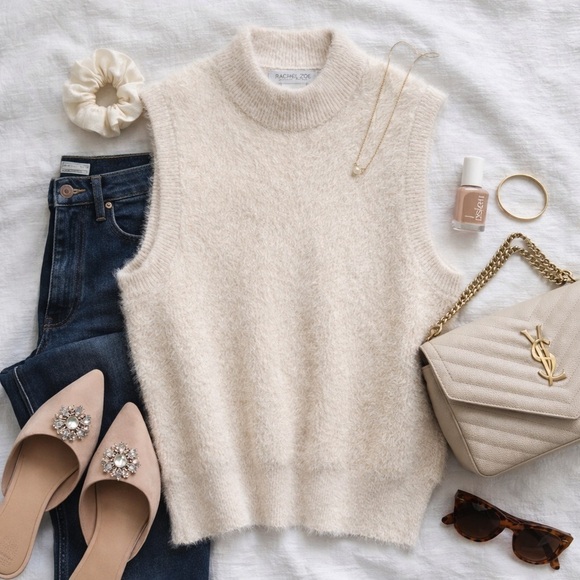 Rachel Zoe Sweaters - Rachel Zoe | Cream Fuzzy Mock Neck Sweater Vest | Soft Knit | Size M